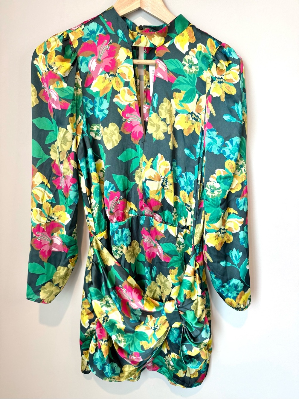 ZARA NWT Green Satin Floral Long-Sleeve Mini Bow Evening Cocktail Dress